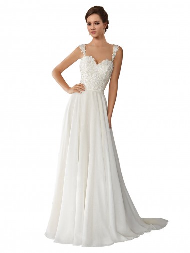 Elfenbein A-Linien Kapelle-schleppe Chiffon Spitze Brautkleider Online