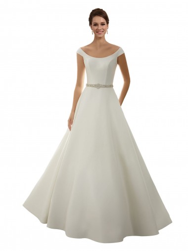 Elfenbein A-Linien Off-Schulter Kapelle-schleppe Satin Klassisch Brautkleider Online