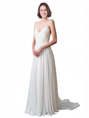 Elfenbein A-Linien Spaghetti-Träger V-Ausschnitt Kapelle-schleppe Chiffon Spitze Strand Brautkleider Online