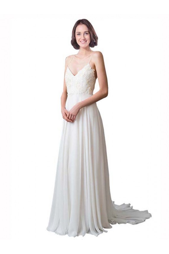Elfenbein A-Linien Spaghetti-Träger V-Ausschnitt Kapelle-schleppe Chiffon Spitze Strand Brautkleider Online