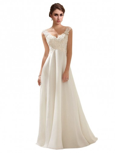 Elfenbein A-Linien V-Ausschnitt Sweep Zug Chiffon Spitze Brautkleider Online
