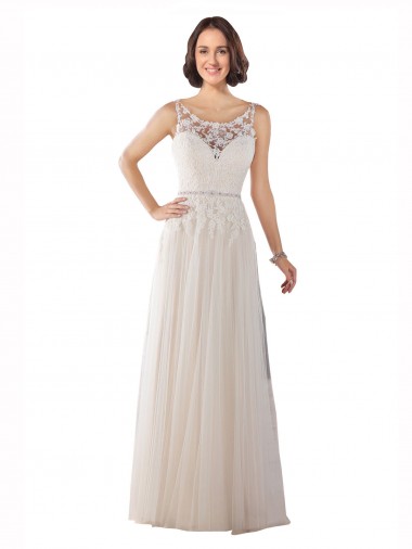 Elfenbein & Champagner A-Linien Illusion Ausschnitt Sweep Zug Tüll Boho Brautkleider Online
