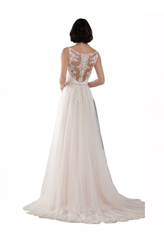 Elfenbein & Champagner A-Linien Illusion Ausschnitt Sweep Zug Tüll Boho Brautkleider Online