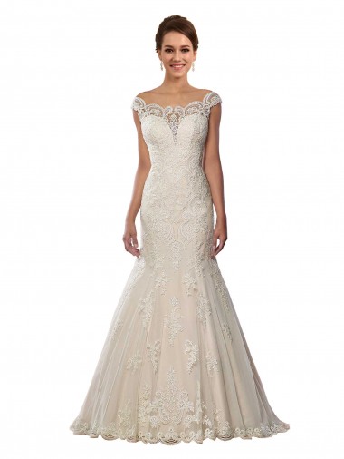 Elfenbein & Champagner Meerjungfrau Off-Schulter Kapelle-schleppe Spitze Boho Brautkleider Online