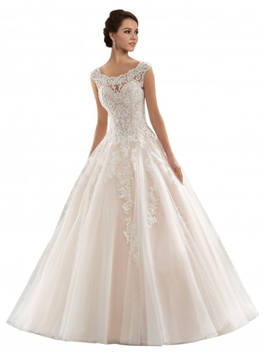Elfenbein & Champagner Prinzessin Kapelle-schleppe Tüll Spitze Brautkleider Online