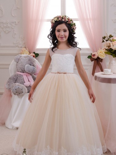 Elfenbein & Champagner Prinzessin Tüll Spitze Lange Blumenmädchenkleider Online
