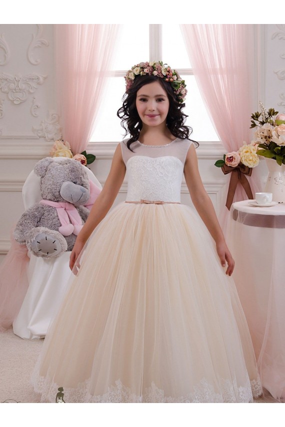 Elfenbein & Champagner Prinzessin Tüll Spitze Lange Blumenmädchenkleider Online