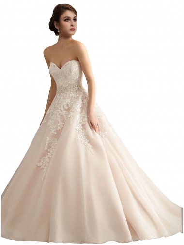 Elfenbein & Champagner Prinzessin V-Ausschnitt Kathedrale Schleppe Tüll Spitze Brautkleider Online