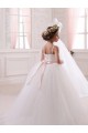 Elfenbein Prinzessin Kapelle-schleppe Tüll Lange Blumenmädchenkleider Online