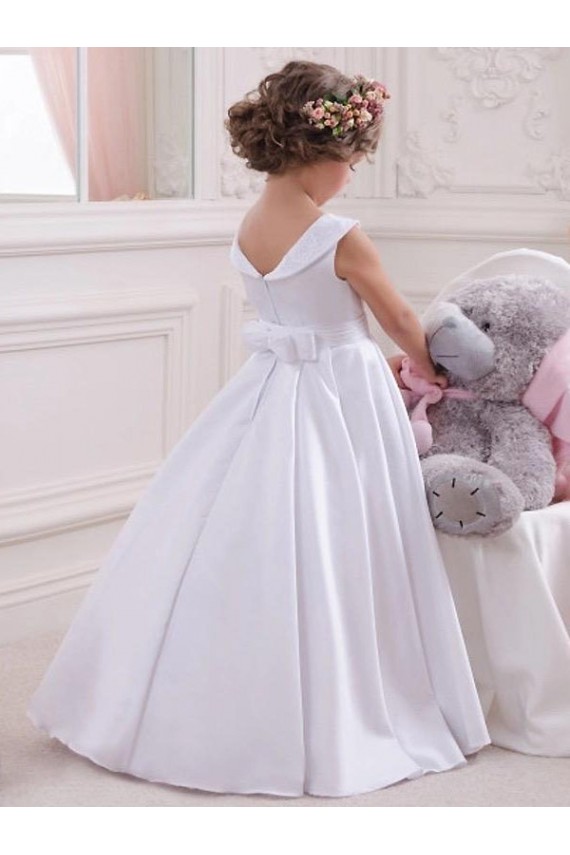 Elfenbein Prinzessin Satin Spitze Lange Blumenmädchenkleider Online