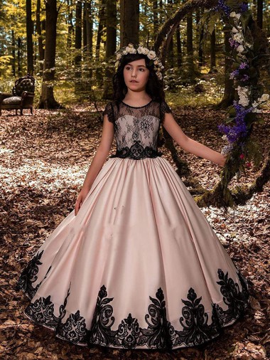 Elfenbein Prinzessin Satin Spitze Lange Blumenmädchenkleider Online