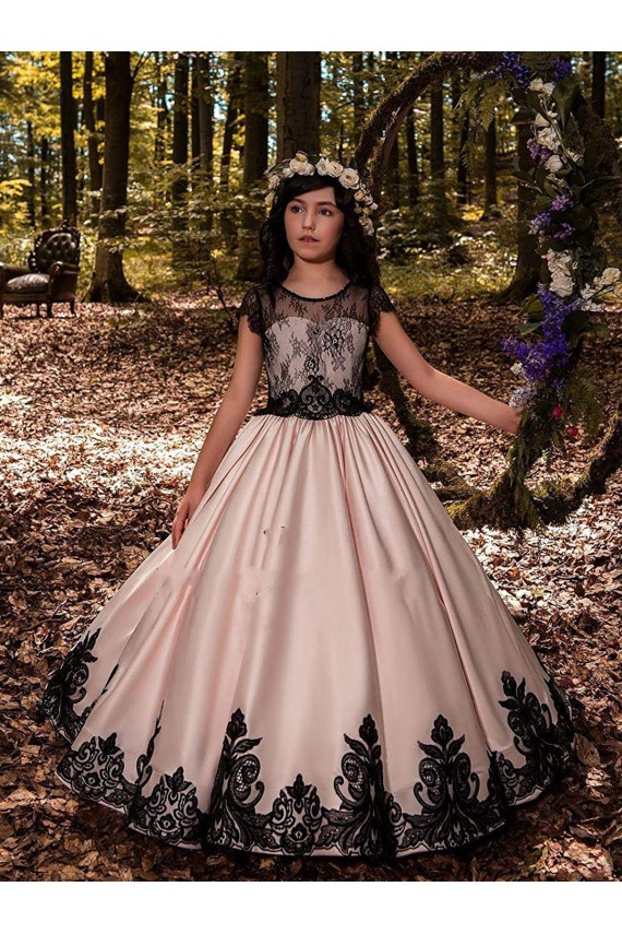 Elfenbein Prinzessin Satin Spitze Lange Blumenmädchenkleider Online