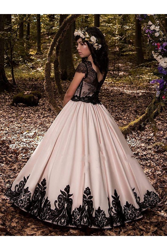 Elfenbein Prinzessin Satin Spitze Lange Blumenmädchenkleider Online