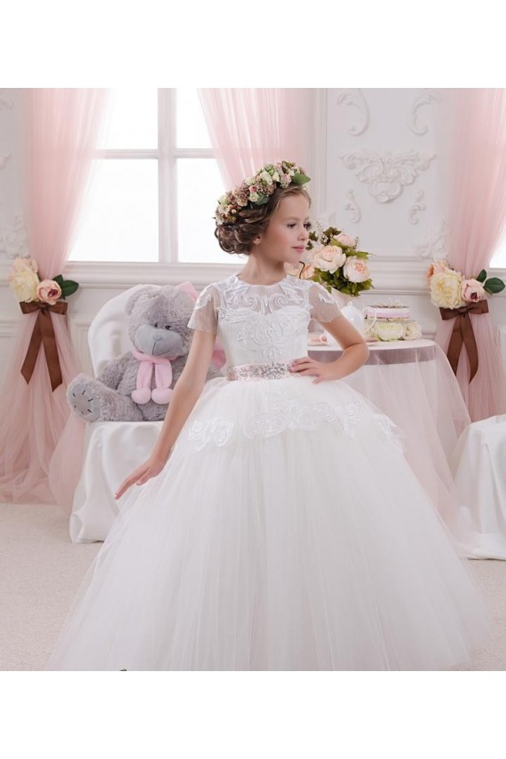 Elfenbein Prinzessin Tüll Spitze Lange Blumenmädchenkleider Online