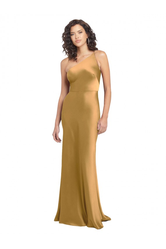 Gold A-Linien Eine-Schulter Stretch-Satin Lange Formale Brautjungfernkleider / Abendkleider / Abiballkleider Online