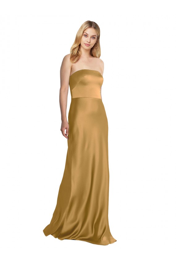 Gold A-Linien Trägerlos Stretch-Satin Lange Formale Brautjungfernkleider / Abendkleider / Abiballkleider Online