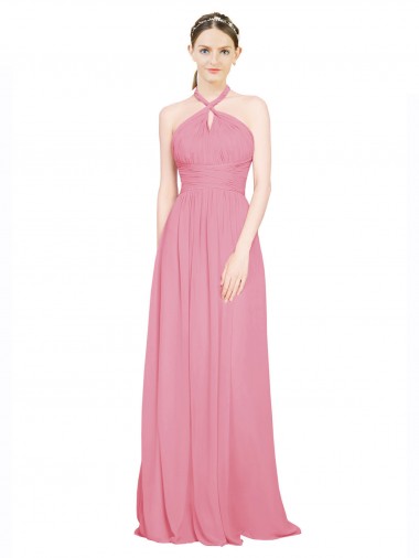 Hautrosa A-Linien Neckholder V-Ausschnitt Chiffon Lange Brautjungfernkleider Online