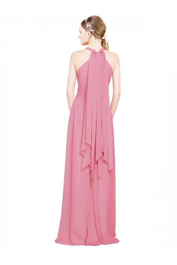 Hautrosa A-Linien Neckholder V-Ausschnitt Chiffon Lange Brautjungfernkleider Online