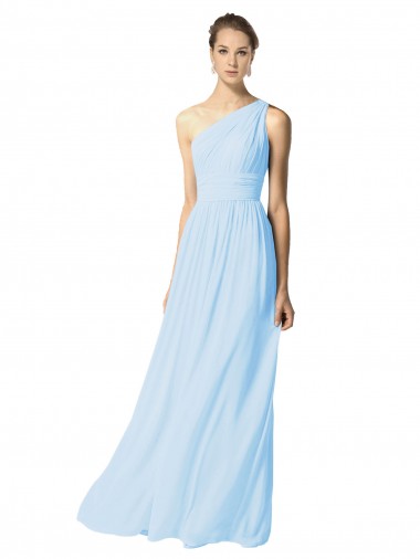 Helles Himmelblau A-Linien Eine-Schulter Chiffon Lange Brautjungfernkleider Online