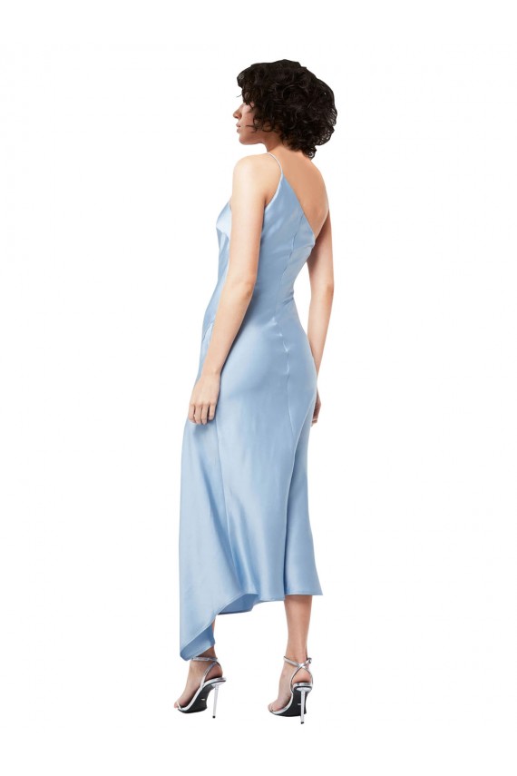Helles Himmelblau A-Linien Eine-Schulter Midi Seidiger Satin Kurze Formale Brautjungfernkleider / Abendkleider / Abiballkleider / Cocktailkleider / Heimkehr Kleider Online