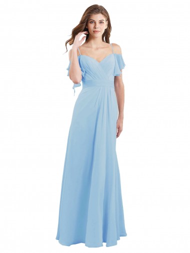 Helles Himmelblau A-Linien Spaghetti-Träger Chiffon Lange Brautjungfernkleider Online