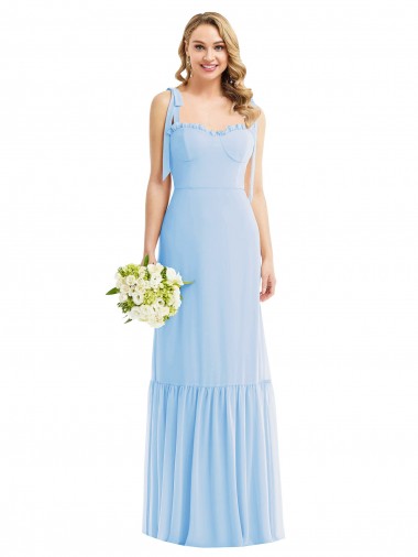 Helles Himmelblau A-Linien Spaghetti-Träger Chiffon Lange Brautjungfernkleider Online