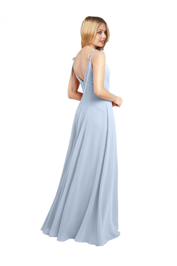 Helles Himmelblau A-Linien Spaghetti-Träger Haube Ausschnitt Chiffon Lange Brautjungfernkleider Online