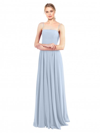 Helles Himmelblau A-Linien Spaghetti-Träger Quadrat Ausschnitt Chiffon Lange Brautjungfernkleider Online