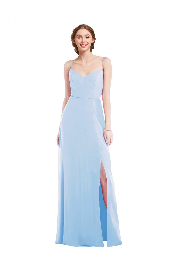 Helles Himmelblau A-Linien Spaghetti-Träger V-Ausschnitt Chiffon Lange Formale Brautjungfernkleider / Abendkleider Online