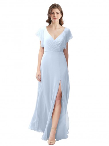 Helles Himmelblau A-Linien V-Ausschnitt Chiffon Lange Brautjungfernkleider Online