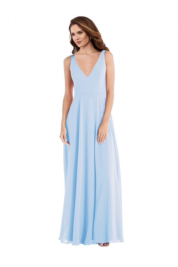 Helles Himmelblau A-Linien V-Ausschnitt Chiffon Lange Brautjungfernkleider Online