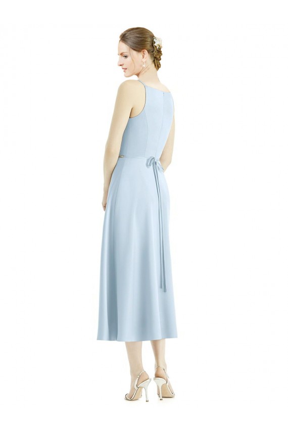 Helles Himmelblau A-Linien V-Ausschnitt Wadenlang Satin Lange Brautjungfernkleider Online