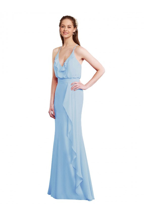 Helles Himmelblau Meerjungfrau Spaghetti-Träger V-Ausschnitt Chiffon Lange Brautjungfernkleider Online