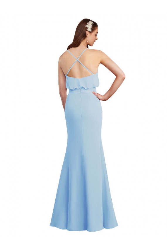 Helles Himmelblau Meerjungfrau Spaghetti-Träger V-Ausschnitt Chiffon Lange Brautjungfernkleider Online