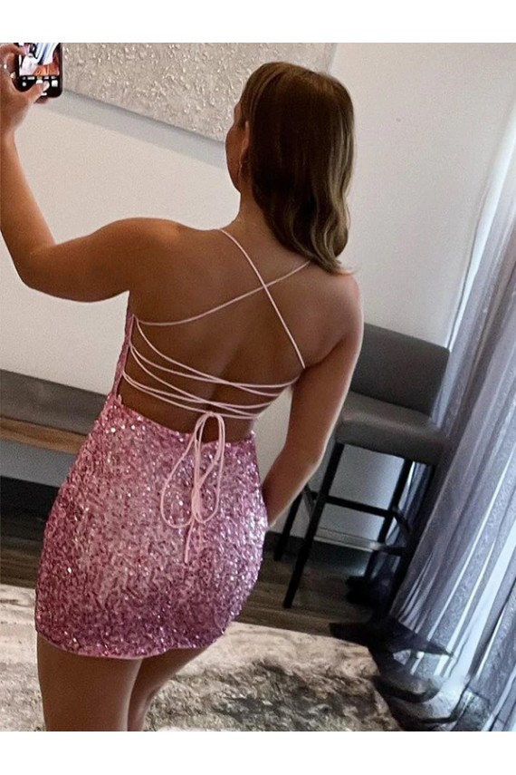 Hot Rosa Etui Spaghetti-Träger Kurze Samt Paillette Kurze Abiballkleider Online