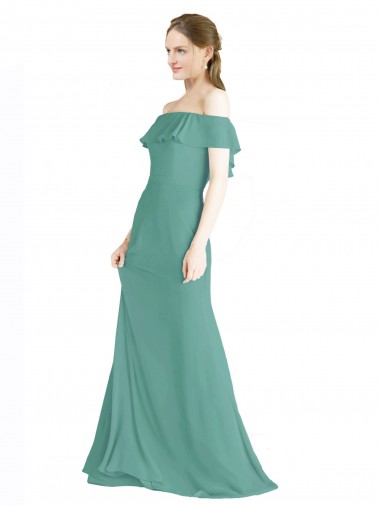 Isländisches Silber A-Linien Off-Schulter Chiffon Lange Brautjungfernkleider Online