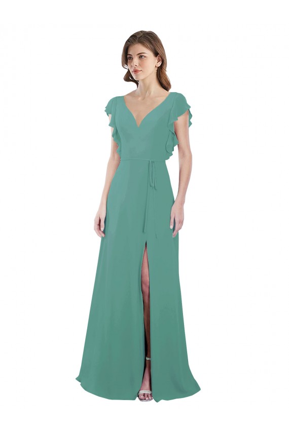 Isländisches Silber A-Linien V-Ausschnitt Chiffon Lange Brautjungfernkleider Online