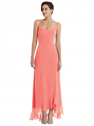 Koralle A-Linien Spaghetti-Träger Scoop Chiffon Lange Brautjungfernkleider Online