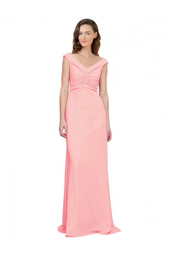 Lachs A-Linien V-Ausschnitt Chiffon Lange Brautjungfernkleider Online