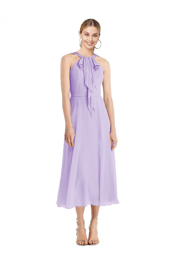 Lila A-Linien Neckholder Wadenlang Chiffon Kurze Brautjungfernkleider / Cocktailkleider Online