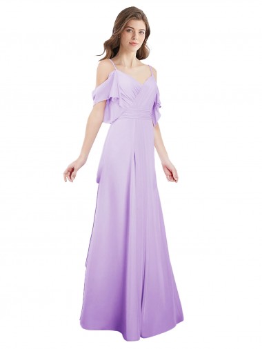 Lila A-Linien Off-Schulter Spaghetti-Träger Chiffon Lange Brautjungfernkleider Online