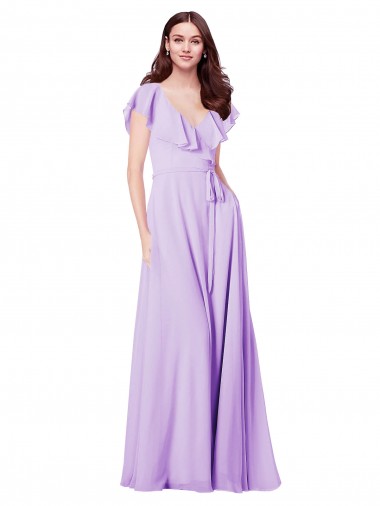 Lila A-Linien V-Ausschnitt Chiffon Lange Brautjungfernkleider Online