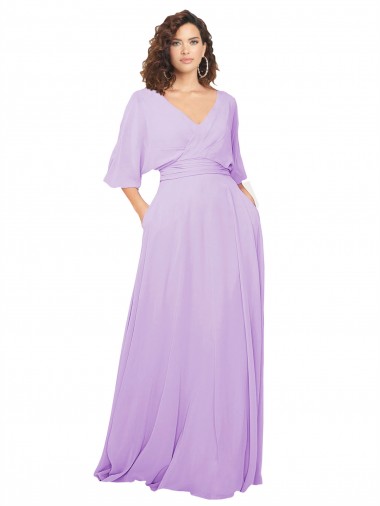 Lila A-Linien V-Ausschnitt Chiffon Lange Brautjungfernkleider Online
