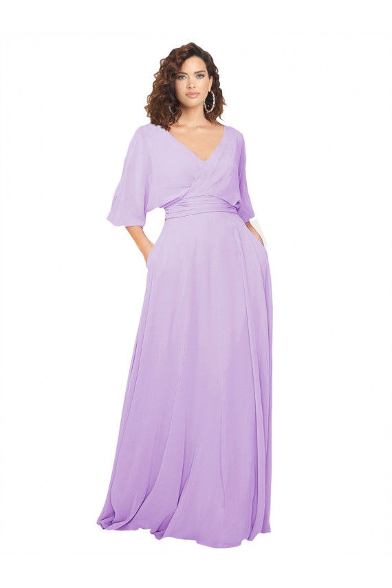 Lila A-Linien V-Ausschnitt Chiffon Lange Brautjungfernkleider Online