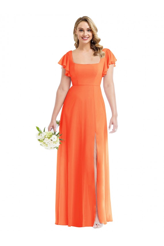Mandarinen-Tango A-Linien Quadrat Ausschnitt Chiffon Lange Brautjungfernkleider Online