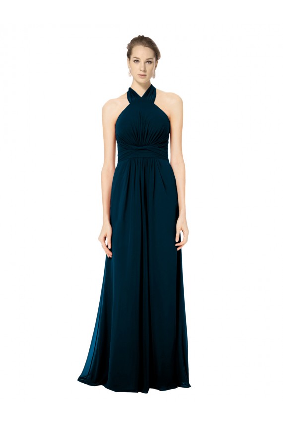 Mitternachtsgrün A-Linien Neckholder Chiffon Lange Brautjungfernkleider Online