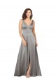 Pearl Grey A-Linien V-Ausschnitt Seidiger Satin Lange Formale Brautjungfernkleider / Abendkleider / Abiballkleider Online