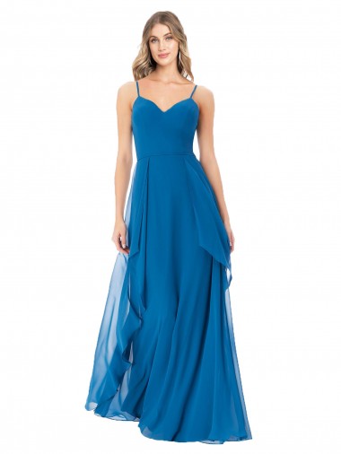 Pfauenblau A-Linien Spaghetti-Träger Chiffon Lange Brautjungfernkleider Online