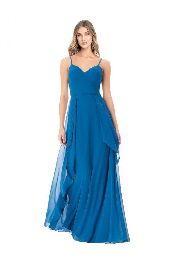 Pfauenblau A-Linien Spaghetti-Träger Chiffon Lange Brautjungfernkleider Online