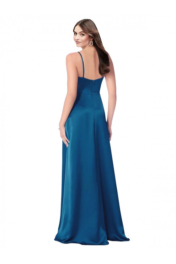 Pfauenblau A-Linien Spaghetti-Träger Haube Ausschnitt Seidiger Satin Lange Formale Brautjungfernkleider / Abendkleider / Abiballkleider Online
